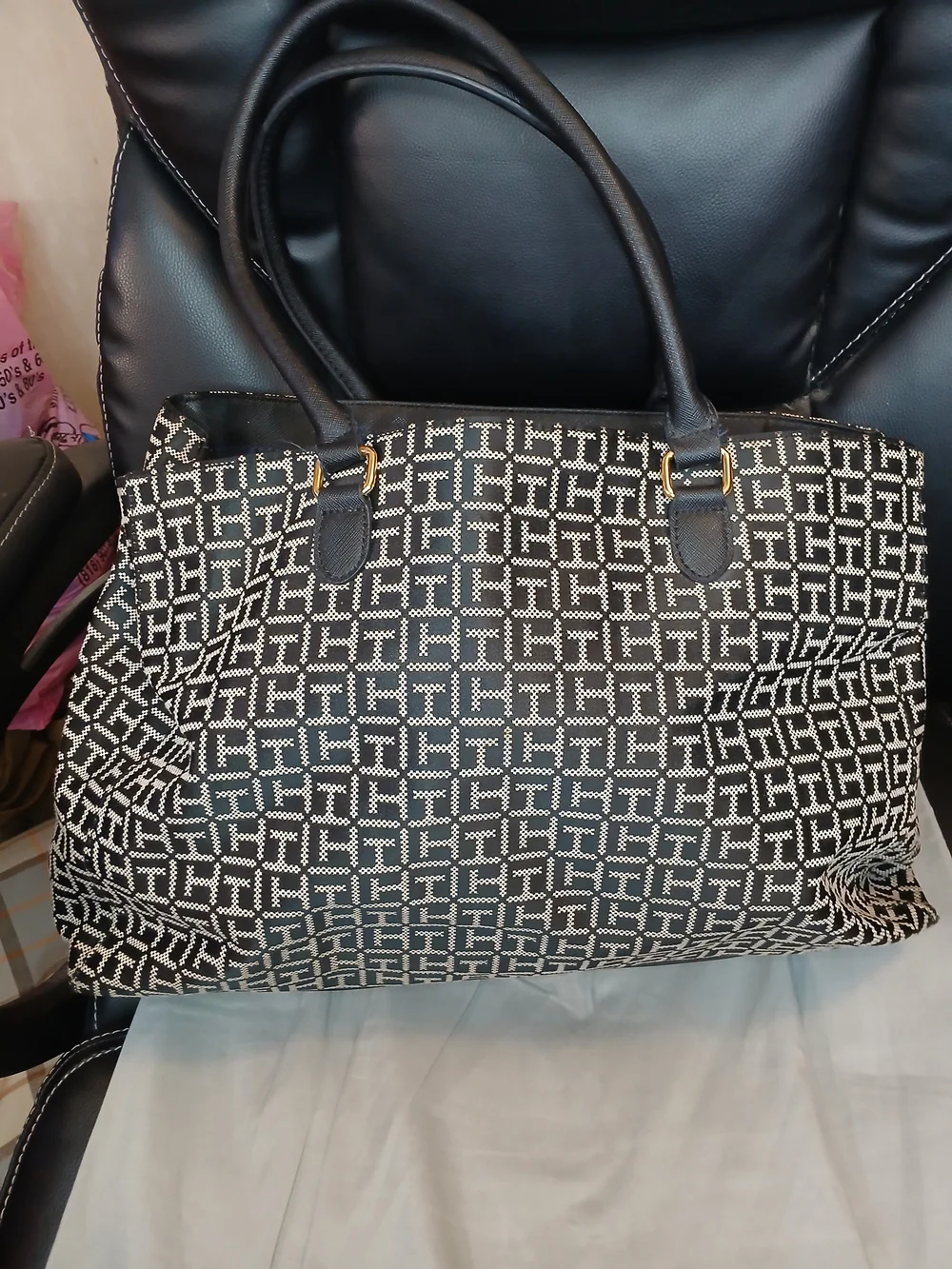 Tommy Hilfiger Black & Grey Patterned Tote Bag with Front Zip Pocket
